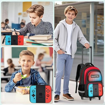 Kids Rolling Backpack for Boys - 3PCS Gamer Boys Rolling Backpack with Lunch Bag Set,Multifunctional Wheeled Bookbag for Travel,Roller School Bag for Elementary Middle School Aged 6-18