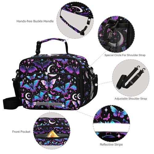 MNSRUU Student Lunch Bag Neon Purple and Bats Stars and Moons Insulated DinnerTotes Picnic Bag Lunch Box with Adjustable Shoulder Strap for Teen Kids Adults - color: Bats A8889