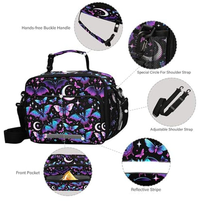 MNSRUU Student Lunch Bag Neon Purple and Bats Stars and Moons Insulated DinnerTotes Picnic Bag Lunch Box with Adjustable Shoulder Strap for Teen Kids Adults - color: Bats A8889