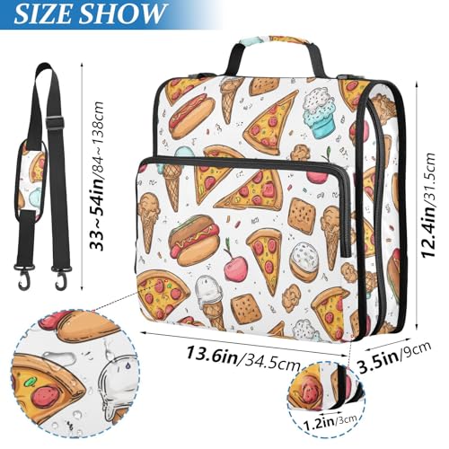Fast Food Pizza 3 D-Ring 2 inch Zipper Binder Bag with Shoulder Strap, Multi-Pocket Portfolio Organizer Case for 13 Inch Laptop Middle School - color: Fast Food Pizza