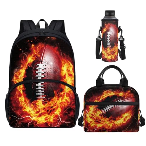 Horeset Football Flame Backpack for School Boys 3 Pack 17inch Schoolbag & Water Bottle Sling Bag & Picnic Lunch Tote Bag Elementary Middle School Bookbag with Side Mesh Pocket Padded Shoulder Straps - color: Football Flame