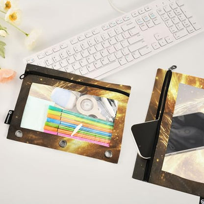 Dragon Golden Light Binder Pouches 3 Ring for Boys Girls School Office College Supplies Dinosaur Monster Dino Pencil Pouches Case Bag with Clear Window and Zipper 2 Pack - color: Dragon