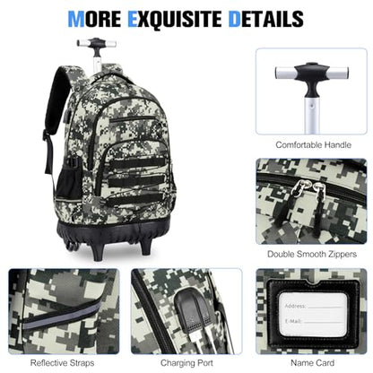ACESAK Camo Rolling Backpack Boys, Tactical Kids Backpack Boys, Kids Suitcase for Boy Teens Elementary Middle High School, Military Backpack with Wheels and Lunch Bag Pencil Case Set (Camo Green) - color: Camo Green