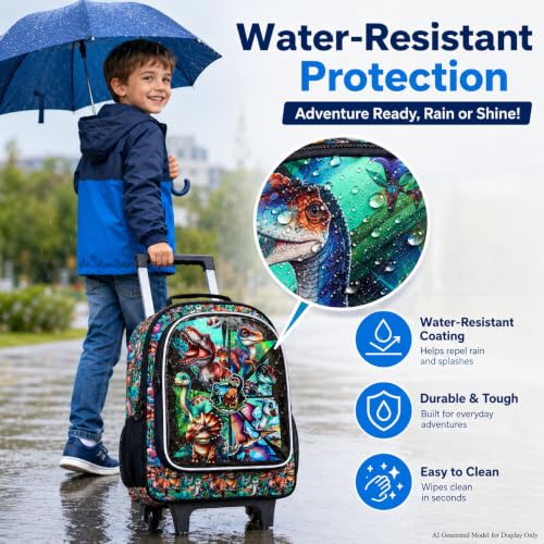AGSDON 3PCS Rolling Backpack for Girls and Boys, Kids Roller Wheels Bookbag, Wheeled Elementary School Bag with Lunch Bag - color: Dinosaur Roller