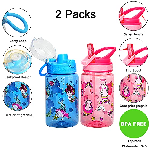 16oz Kids Water Drinking Bottle - Tritan BPA Free, Auto Flip Chug Lid, Sip Straw Lid, Carry Loop, Lightweight, Leak-Proof, Cute Design For Girls & Boys - 2 Pack Mermaid & Llama - color: Mermaid & Llama