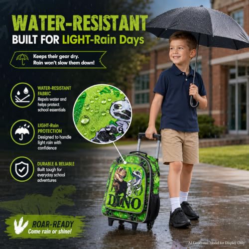 WZLVO 3PCS Rolling Backpack for Boys, Kids Dinosaur Bookbag with Roller Wheels, Suitcase School Bag Set for Toddler Elementary - color: Dinosaur Green