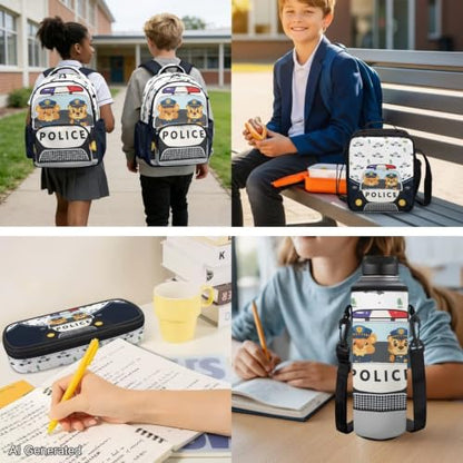 Cute Police Car Backpack for Kids Backpack Set of 4 with Lunch Bags Box Pencil Pouch for Boys Age 6-12 4Th 5Th 6Th Grade Water Bottle Holder Middle Kindergarten Primary School Bag 17 inch - color: Cute Police Car