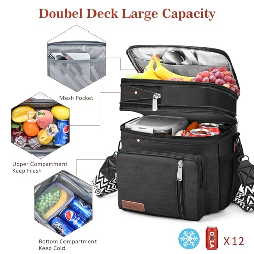 LOKASS Lunch Bag& Lunch Box for Men Women Double Deck,Large Insulated Adult Lunch Box Leakproof Lunchbox Cooler Bag for Work Picnic Beach,（Black,16L） - color: Black 2