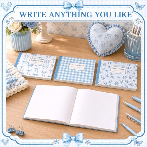 16 Pack Mini Composition Notebooks Bulk College Ruled 7.4'' x 4.7'' Blue Bow Half Size Composition Books 80 Pages Small Pocket Journal Books Back to School Gift for Student Teacher Office Supplies - color: Blue Bow