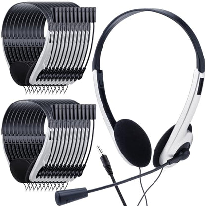 Yunsailing 30 Pack Classroom Headphones with Microphone School Student Headphones Bulk Class Set Lightweight Adjustable Earphones on Ear with 3.5 mm Jack(White,Plastic Stem) - color: White, style: Plastic Stem