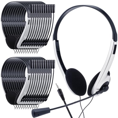 Yunsailing 30 Pack Classroom Headphones with Microphone School Student Headphones Bulk Class Set Lightweight Adjustable Earphones on Ear with 3.5 mm Jack(White,Plastic Stem) - color: White, style: Plastic Stem