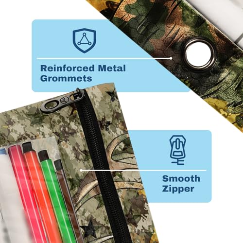 Camo Pencil Pouch For 3 Ring Binder Clear Window Pencil Case For 3 Ring Reinforced Grommets With Zipper, 2 Pack - color: Camo