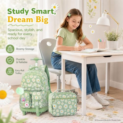 CCJPX 3Pcs Rolling Backpack for Girls, Roller Wheeled School Bookbag, Daisy Wheels Backpacks with Lunch Box for Kids (Green) - color: Daisy Green