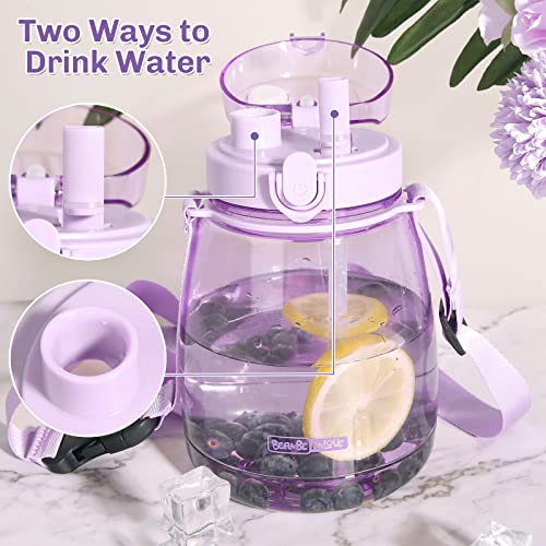 Kawaii Water Bottle with Straw 45oz with Two Ways to Dinking Modern Cute Water Jug With Strap for Women/Teen Girl/School, Purple - color: Purple