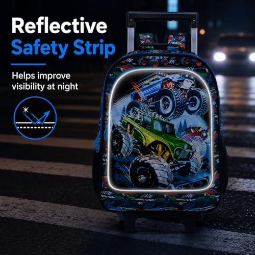 CCJPX 3PCS Truck Rolling Backpack for Boys, Kids Roller Wheels School Bookbag Set, Cars Travel Wheeled School Bag for Toddler Elementary Children-Blue - color: Green Truck
