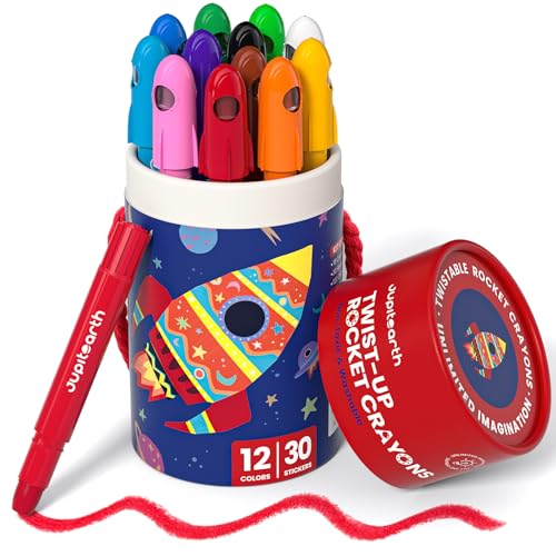 JUPITEARTH Silky Twist Crayons, 12 Colors Washable Crayons for Toddlers 1-3 | Non-Toxic Toddler Crayons with Storage Bucket, Easy-to-Hold & Unbreakable Jumbo Crayons for Toddler Coloring - color: 12 Colors