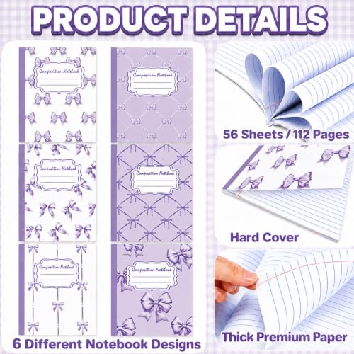 6 Packs 112 Pages Composition Notebook for Back to School 7-1/2" x 9-3/4" | Cute Purple Bow Composition Notebook College Ruled Bulk for First Day of School Office - color: Purple