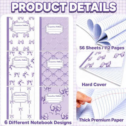 6 Packs 112 Pages Composition Notebook for Back to School 7-1/2" x 9-3/4" | Cute Purple Bow Composition Notebook College Ruled Bulk for First Day of School Office - color: Purple