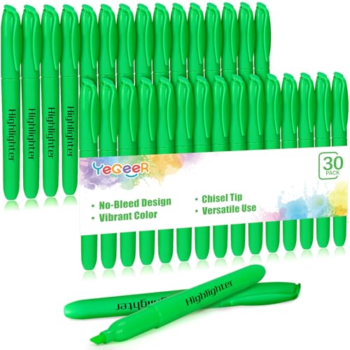 YEGEER 30 Pack Green Highlighters Bulk, Quick Dry No Bleed Chisel Tip Markers for School Classroom Office Supplies, Teachers Students Adults Kids - color: Green