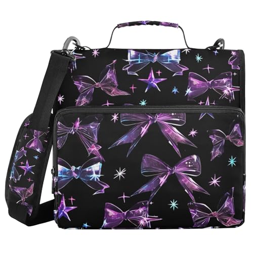 Gothic Bow Tie Stars Purple Binder with Extra Pockets with Shoulder Strap Multiple Pockets 1.5 Inch 3 Rings Storage Bag Portfolio Binder Stationery Supplies - color: Gothic Bow Tie Stars Purple