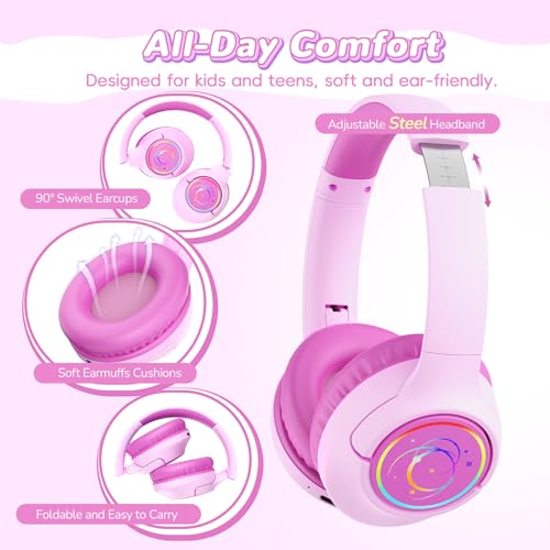 Kids Bluetooth Headphones, 85H Playtime Wireless Headphones for Kids, Colorful LED Lights, 85/94dB Safe Volume Limit, Bluetooth 5.4 Built-in Mic Toddler Headset for Tablet/Airplane (Fuscia Pink) - color: Fuscia Pink