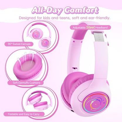 Kids Bluetooth Headphones, 85H Playtime Wireless Headphones for Kids, Colorful LED Lights, 85/94dB Safe Volume Limit, Bluetooth 5.4 Built-in Mic Toddler Headset for Tablet/Airplane (Fuscia Pink) - color: Fuscia Pink