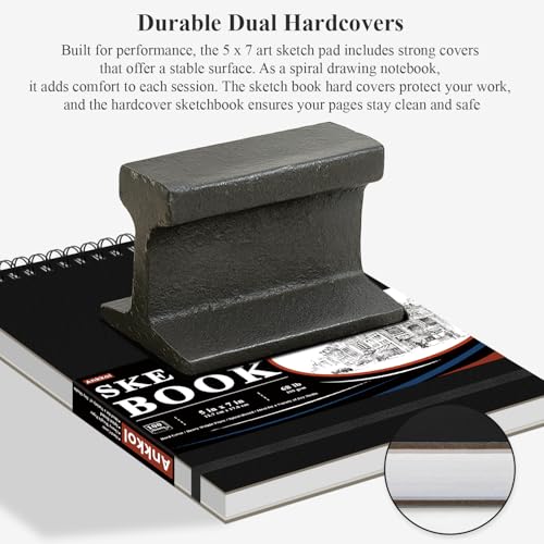 Ankkol Spiral Sketchbook 5x7, Small Sketch Book Hard Cover -100 Sheets, 68lb/100gsm Mini Drawing Pad Paper, Lay-Flat Mini Travel Sketchbook & Stocking Stuffer for Artist and Sketching Supplies. - color: Black, size: 5"x7" - 1 Pack
