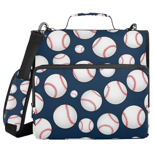 Gredecor 3 Ring Zipper Binder with Shoulder Strap, Baseball Balls Navy Multi-Pockets Organizer Binder Bag Holds 500 Sheets for School and Office - color: Baseball Balls Navy