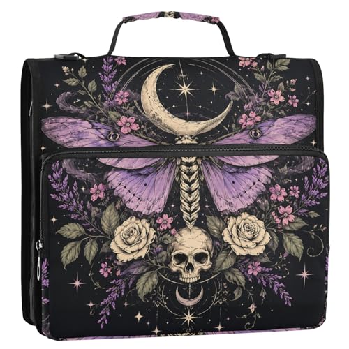 Zipper 3 Ring Binder Bag Goth Skull Butterfly Expanding File Portfolio Storage Organizer 2-Inch, 500 Sheets Multi-Pocket Shoulder Strap for School Office Kids Adults - color: Black Purple Goth Skull