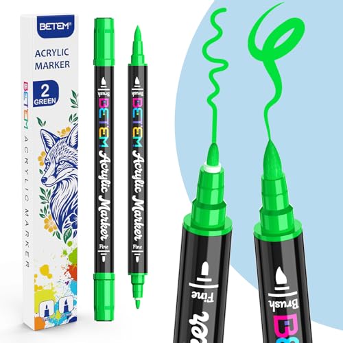 Betem Dual Tip Acrylic Paint Pens, Paint Markers for Glass, Window, Fabric, Wood, Rock, Canvas, Acrylic Markers with Fine & Brush Tip, Art & Craft Supplies, Teacher Appreciation Gift (2, Green) - color: Green
