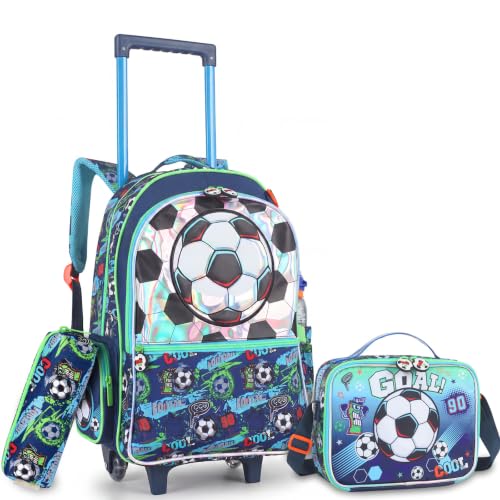 Kids Backpack for Boys with Lunch Box, Rolling Backpack with Wheels, Cute Soccer Kids Roller Elementary SchoolBag Middle-School Bookbag Back to School Gift - color: L23. Soccer