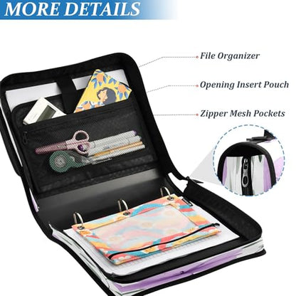 Kigai Purple Flowers 3 Ring Zipper Binder with Handle & Shoulder Strap Trapper Keeper Expanding File Multiple Pockets Binder Organizer