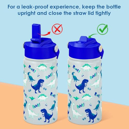 SANDJEST Kid Water Bottle 12oz with Straw Lid - 2-Pack Insulated Stainless Steel Water Bottles for Kids Girls - Travel Cup for School Sports, Construction & Dinosaur - color: Dinosaur + Construction (2 Pack)
