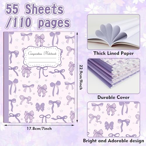 6 Pack Purple Bow Composition Notebooks, Cute Preppy Coquette Notebook, 9-3/4 x 7-1/2" Aesthetic College Ruled Journal, Back to School Gifts Preppy School Supplies, 110 Pages - color: Purple