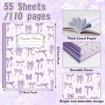 6 Pack Purple Bow Composition Notebooks, Cute Preppy Coquette Notebook, 9-3/4 x 7-1/2" Aesthetic College Ruled Journal, Back to School Gifts Preppy School Supplies, 110 Pages - color: Purple