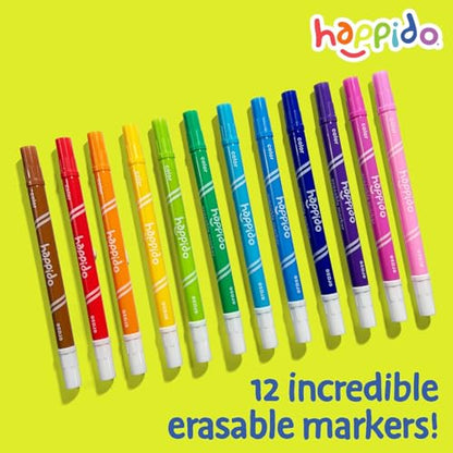 International Arrivals Double Sided Erasable Marker Sets for Kids Happido, Set of 12 Chisel Tip Non Toxic Markers, Great School Supplies, Art and Stationery Set - style: 12 Count - Erasable Double Ended