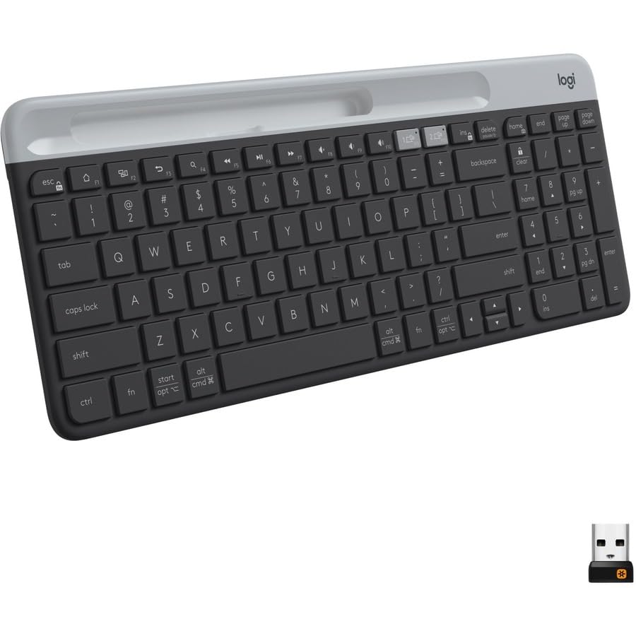 Logitech K585 Multi-Device Slim Wireless Keyboard, Built-in Cradle for Device; for Laptop, Tablet, Desktop, Smartphone, Win/Mac, Bluetooth/Receiver, Compact, Easy Switch, 24 Month Battery - Graphite - color: Graphite
