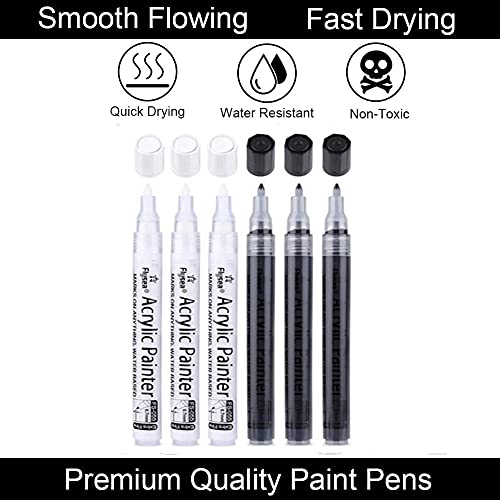EBOT Black Paint Pens, 6 Pack 0.7mm Acrylic Black Permanent Marker,White Paint Pens for Rock Painting, Stone,Wood, Plastic, Ceramic, Glass, Metal Canvas, Paper, Water-based Extra Fine Point