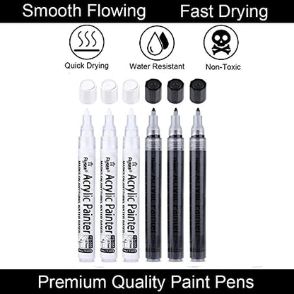 EBOT Black Paint Pens, 6 Pack 0.7mm Acrylic Black Permanent Marker,White Paint Pens for Rock Painting, Stone,Wood, Plastic, Ceramic, Glass, Metal Canvas, Paper, Water-based Extra Fine Point