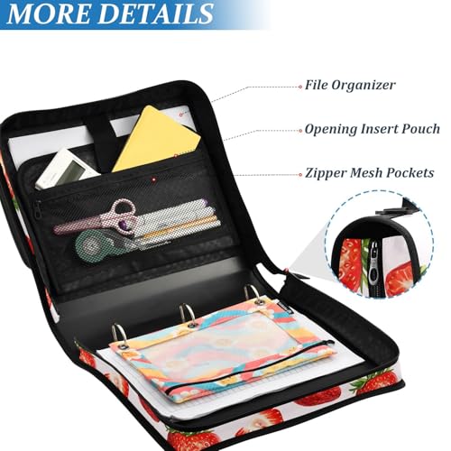 3 Ring Zipper Binder Red Strawberry Binders Bag with Shoulder Strap 500 Sheets Paper Organizer Trapper Keeper Documents Storage File Folder for School Office - color: A421