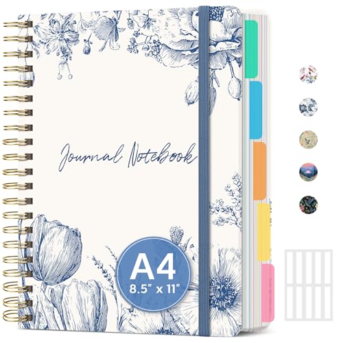 Large Spiral Lined Notebooks for Work with Removable Dividers & Tabs, 8.5"x11" Pretty Hardcover 5 Subject Notebook Journal for Women, College Ruled, Perfect for Study & Office Organization, 280 Pages, Blue Elegance - color: B - Blue Elegance