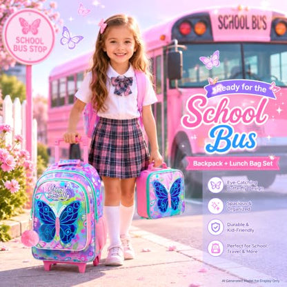CCJPX 3Pcs Butterfly Rolling Backpack for Girls, 18" Kids Wheeled Bookbag with Lunch Box, Lightweight Roller School Bag for Elementary Preschool (Pink) - color: Pink Butterfly(with Sequins)