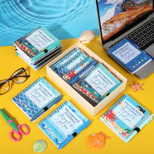 Dunzoom 40 Pcs Welcome Back to School Gifts Bulk Spiral Notebooks with Sticky Notes Motivational Pens First Day of School Notepads Party Favor for Teacher Student Classroom(Ocean Sea,Blue) - style: Ocean Sea
