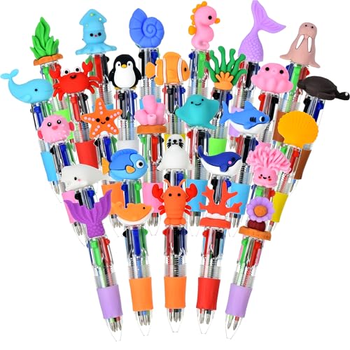 30 Pcs Ocean Animal Multicolor Pens, 4-in-1 Ballpoint Pens with Sea Creature Toppers, Cute Novelty Pens Bulk for Party Favors, Classroom Rewards, Teacher Supplies, School and Office Use - color: Ocean Multicolor