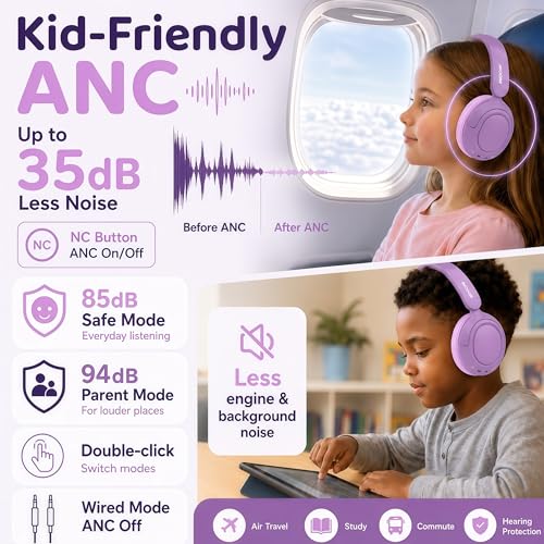 MIDOLA Kids Bluetooth Headphones Active Noise Cancelling Lightweight Wireless Headphone for Kid Volume Limited 85/94dB Foldable Over-Ear with Mic,68 Hours Playtime,for Toddler Child Lavender Purple - color: Lavender Purple
