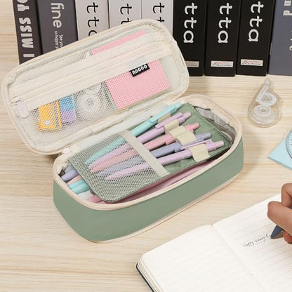 MoKo Large Capacity Pencil Case, Aesthetic Pencil Pouch Bag with Zipper, Cute Pen Case Stationery Organizer Holder for Office/School Supplies, Back to School Gift, Green - color: Green-1 Pen Case