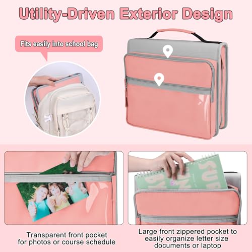 Ndsox Zipper Binder 3 Ring with Handle, 2 Inch O-Ring Document Organizer Middle School Binder with Zipper for Students, 5-Tab Expanding File Folder & 2 Mesh Pouches, DIY Clear Front Pocket, Pink - color: Pink