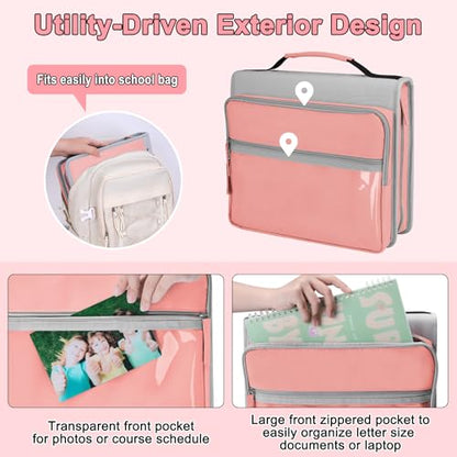 Ndsox Zipper Binder 3 Ring with Handle, 2 Inch O-Ring Document Organizer Middle School Binder with Zipper for Students, 5-Tab Expanding File Folder & 2 Mesh Pouches, DIY Clear Front Pocket, Pink - color: Pink