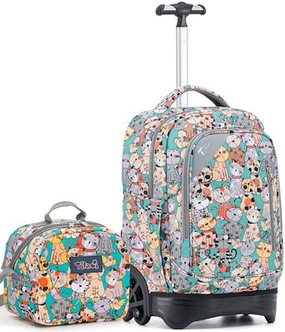 NEW TILAMI Kids 18 inch Rolling Backpack - Durable Waterproof Large Capacity Adjustable Handle Stair Climbing Design for Boys & Girls, Cats Cute - color: Cats Cute