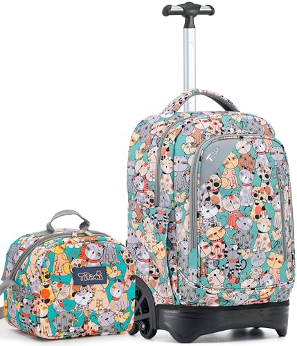 NEW TILAMI Kids 18 inch Rolling Backpack - Durable Waterproof Large Capacity Adjustable Handle Stair Climbing Design for Boys & Girls, Cats Cute - color: Cats Cute